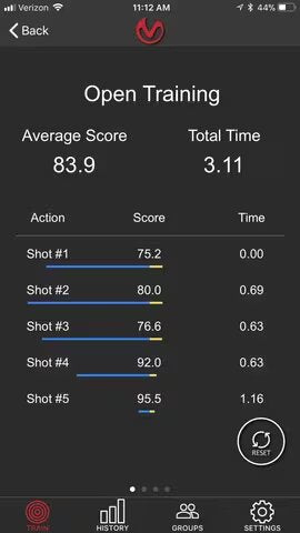 Shot Timer App Screen with Shot Splits - Mantis